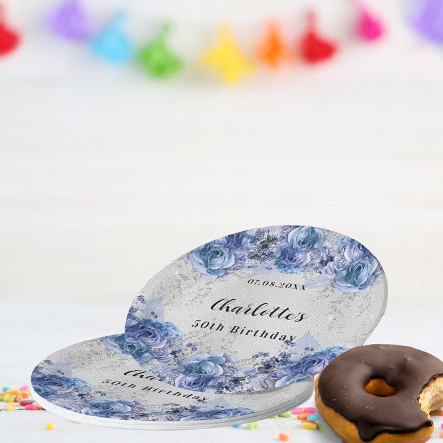 Birthday silver blue flowers paper plate (Creator Uploaded)