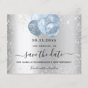 Birthday silver blue glitter budget save the date flyer