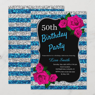 Birthday Silver Blue Stripes Glitter Pink Roses Invitation