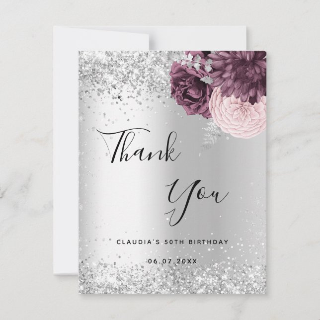 Birthday silver burgundy pink flowers  thank you card (Front)