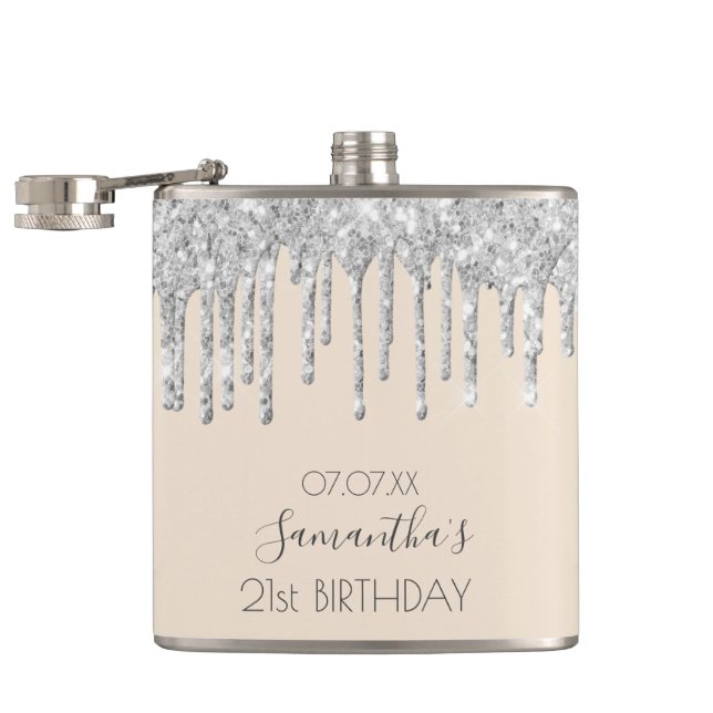 Birthday silver cream glitter drips friends hip flask (Opened)