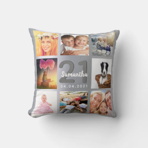 Birthday silver custom photo collage throw pillow