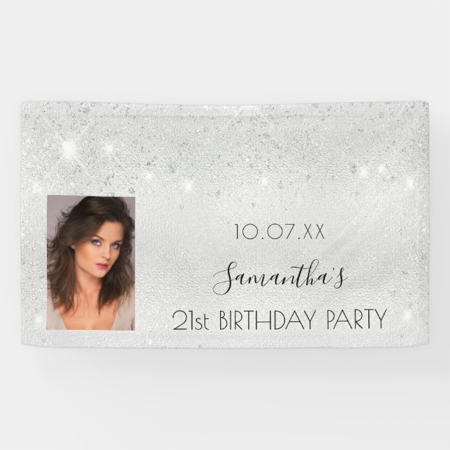 Birthday silver custom photo glitter monogram banner (Horizontal)