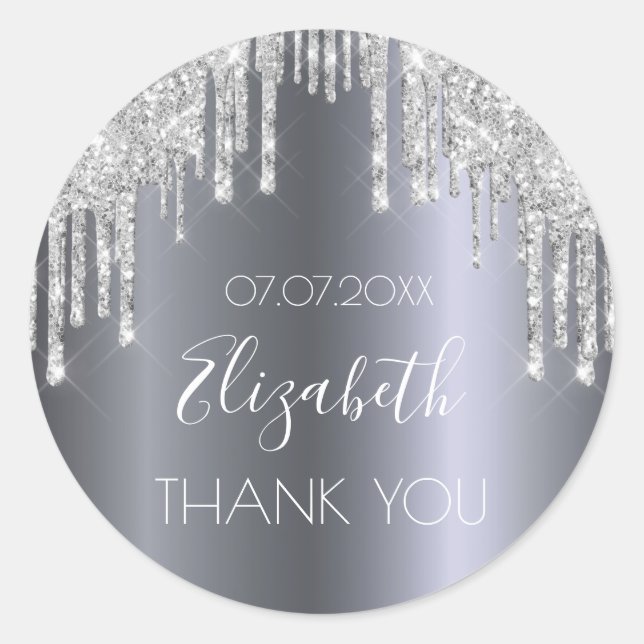 Birthday silver drips Thank You Classic Round Sticker (Front)