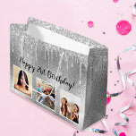 Birthday silver glitter drips custom photo large gift bag<br><div class="desc">For a girly and glamourous 21st (or any age) birthday.  A faux silver metallic looking background with faux glitter drips,  paint dripping look. Personalize and add 3 photos and age 21. Black text.</div>