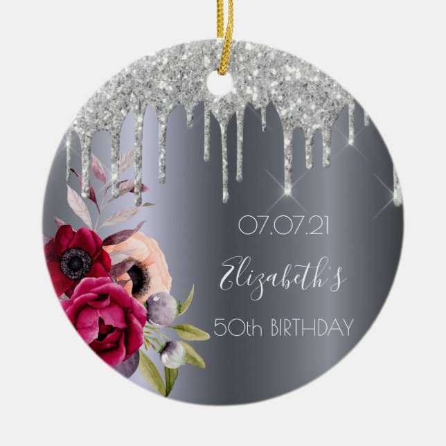 Birthday silver glitter drips floral burgundy ceramic ornament (Front)