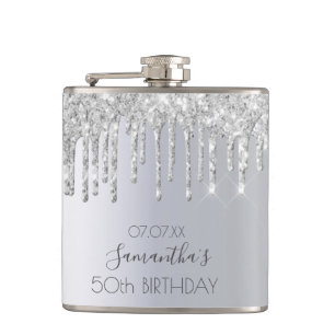 Birthday silver glitter drips friend hip flask