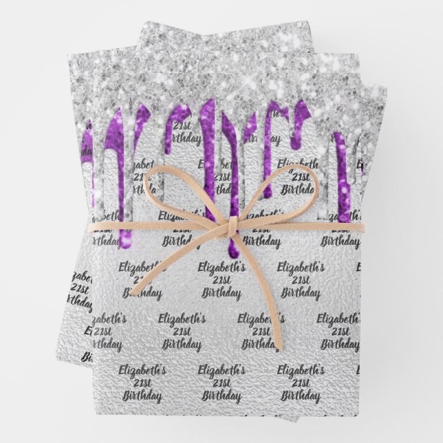 Birthday silver glitter drips purple monogram wrapping paper sheet (In situ)