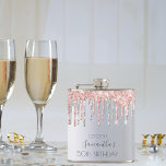 Birthday silver glitter drips rose gold friends hip flask<br><div class="desc">A gift for a girly and glamourous 50th (or any age) birthday party. A faux silver metal, foil looking background with elegant faux silver and rose gold, pink glitter drips, paint drip look. The text: The name is written in grey with a large modern hand lettered style script. Personalize and...</div>