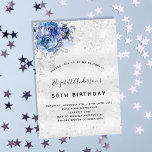 Birthday silver glitter dust blue floral invitation<br><div class="desc">For an elegant 18th (or any age) birthday.  A stylish faux silver metallic looking background. Decorated with faux glitter dust and blue florals.  Personalize and add a name,  age and party details. The name is written with a hand lettered style script</div>