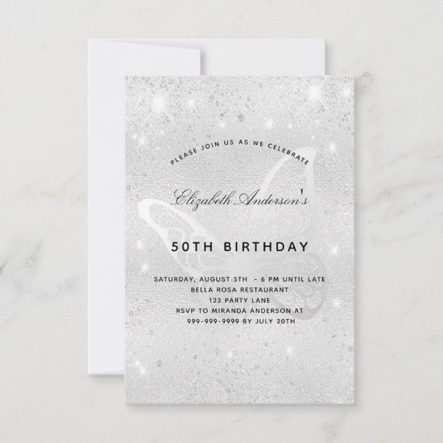 Birthday silver glitter dust butterfly elegant invitation (Front)