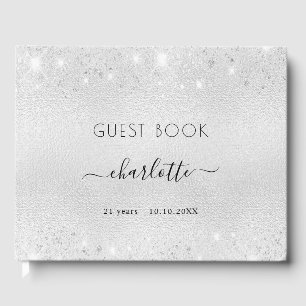 Birthday silver glitter dust metal monogram name guest book