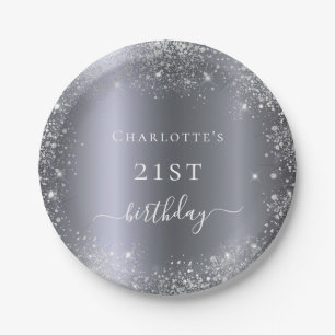 Birthday silver glitter dust monogram elegant paper plate