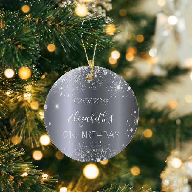 Birthday silver glitter dust name elegant ceramic ornament (Creator Uploaded)