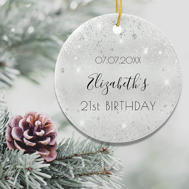 Birthday silver glitter dust name elegant ceramic ornament (Creator Uploaded)