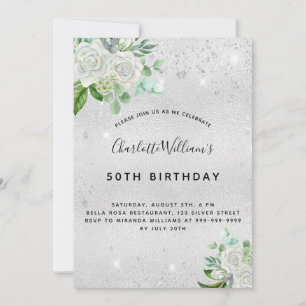 Birthday silver glitter floral greenery invitation