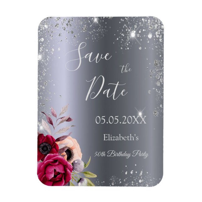 Birthday silver glitter floral Save the Date Magnet (Vertical)