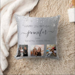 Birthday silver glitter friend photo names throw pillow<br><div class="desc">A gift from friends for a woman's 21st birthday, celebrating her life with 3 of your photos of her, her friends, family, interest or pets. Personalize and add her name, age 21 and your names. Black coloured letters. A chic faux silver looking background colour. Decorated with faux glitter dust. Her...</div>