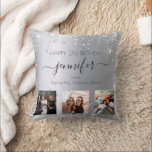 Birthday silver glitter friend photo names throw pillow<br><div class="desc">A gift from friends for a woman's 21st birthday, celebrating her life with 3 of your photos of her, her friends, family, interest or pets. Personalize and add her name, age 21 and your names. Black coloured letters. A chic faux silver looking background colour. Decorated with faux glitter dust. Her...</div>