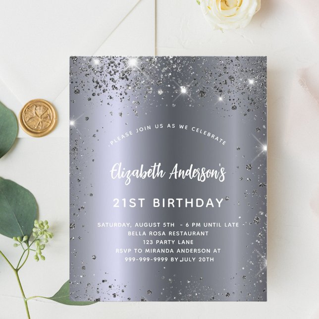 Birthday silver glitter glam budget invitation flyer (Creator Uploaded)