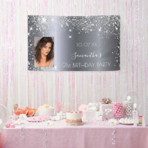 Birthday silver glitter monogram photo banner
