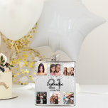 Birthday silver glitter photo name hip flask<br><div class="desc">A gift for a 21st (or any age) birthday, celebrating her life with a collage of 6 of your photos of her, her friends, family, interest or pets. Personalize and add her name, age 21 and a date. Black and grey text. A faux silver looking background colour, decorated with faux...</div>