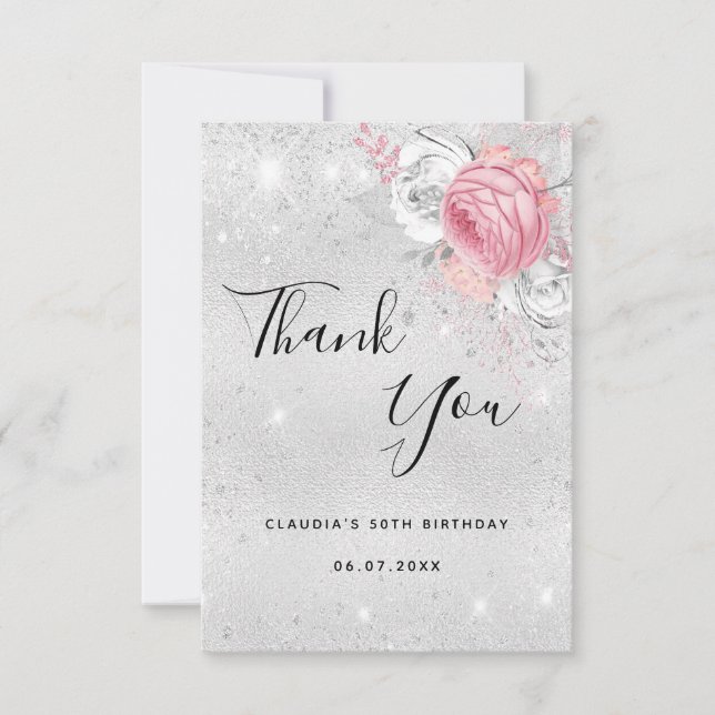 Birthday silver glitter pink florals thank you card (Front)