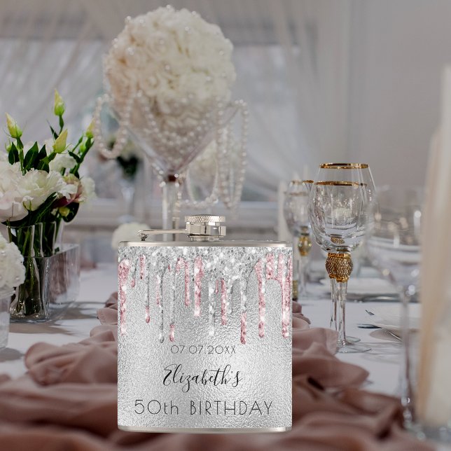 Birthday silver glitter pink foil sparkle monogram hip flask (Creator Uploaded)