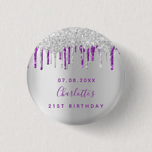 Birthday silver glitter purple custom monogram 1 inch round button