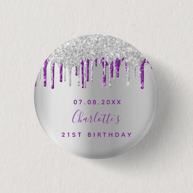Birthday silver glitter purple custom monogram 1 inch round button (Front)