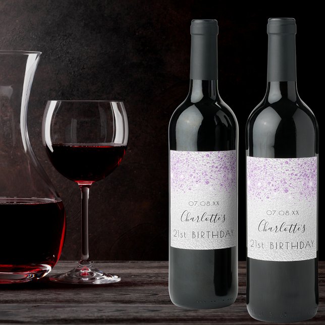 Birthday silver glitter purple metal monogram  wine label (Creator Uploaded)