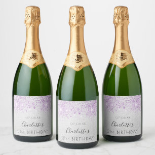 Birthday silver glitter purple name sparkling wine label