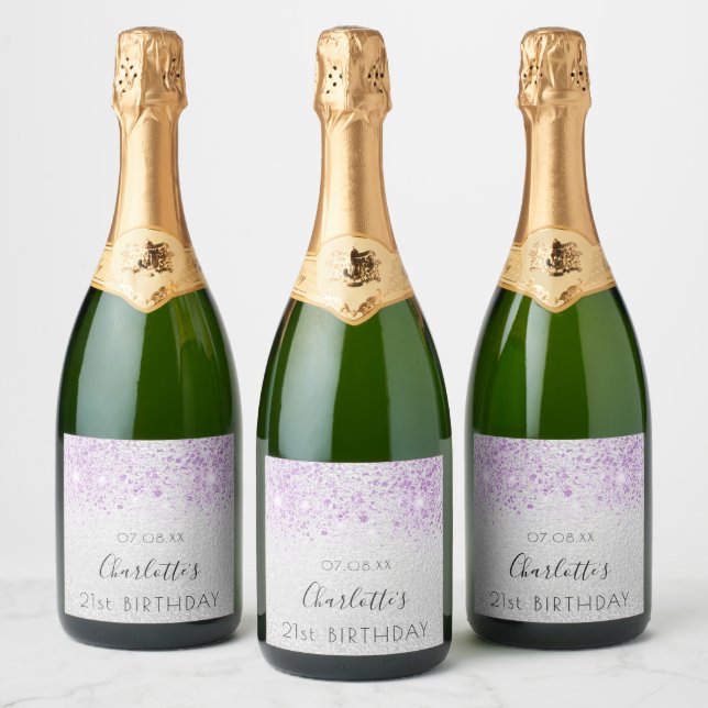 Birthday silver glitter purple name sparkling wine label (Bottles)