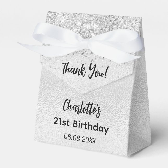 Birthday silver glitter script name thank you favor box (Front Side)