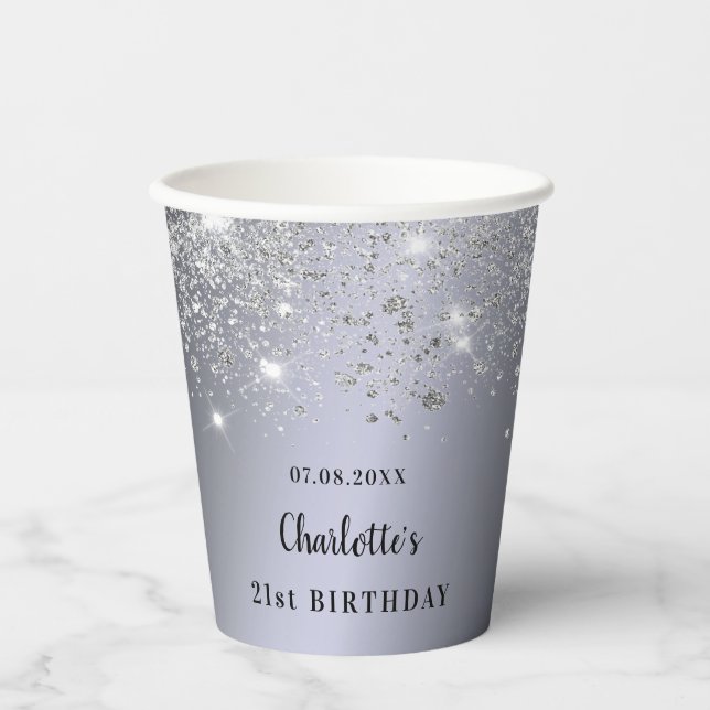 Birthday silver glitter sparkles name elegant paper cups (Front)