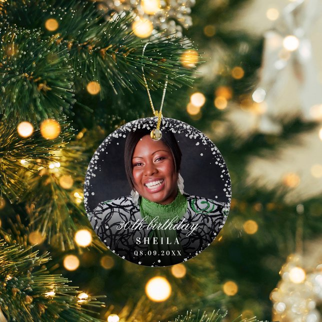 Birthday silver glitter sparkles photo name ceramic ornament (Creator Uploaded)