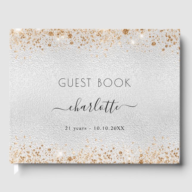 Birthday silver gold glitter name guest book (Front)