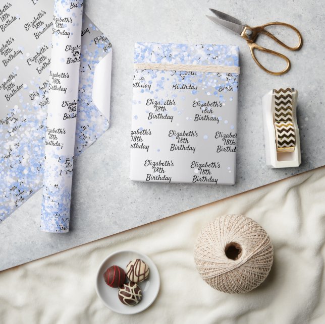 Birthday silver light blue confetti sparkle name wrapping paper (Crafts)
