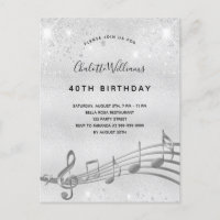Birthday silver music notes 40th invitation