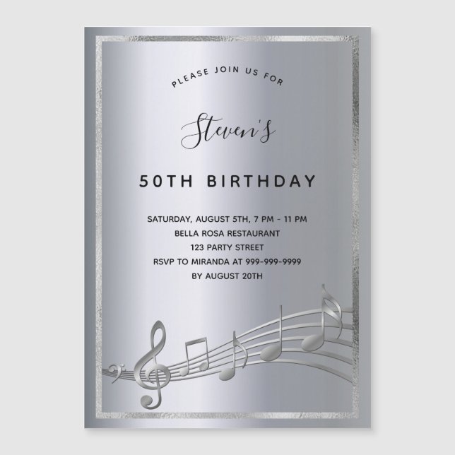 Birthday silver music notes invitation magnet (Front)