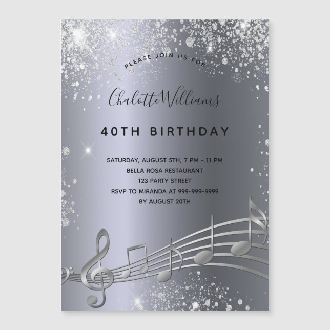 Birthday silver music notes invitation magnet (Front)