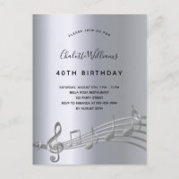 Birthday silver music notes metal 50th invitation