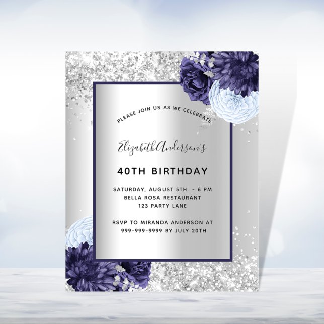 Birthday silver navy blue floral invitation (Creator Uploaded)