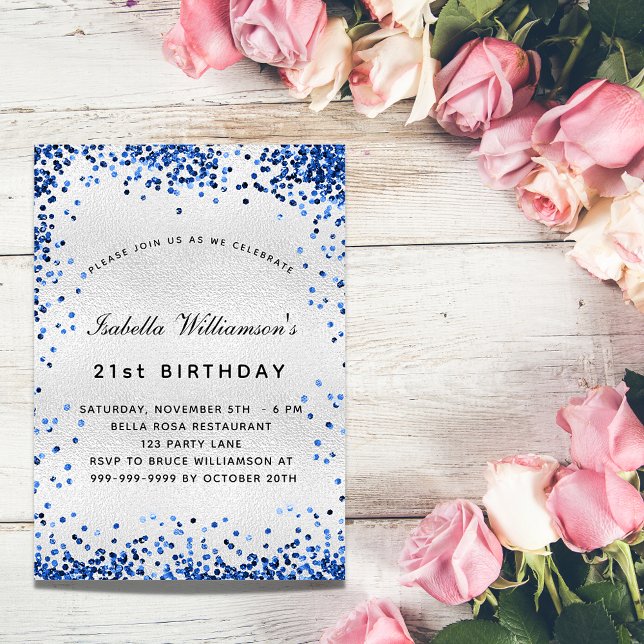 Birthday silver navy blue glitter invitation postcard (Creator Uploaded)