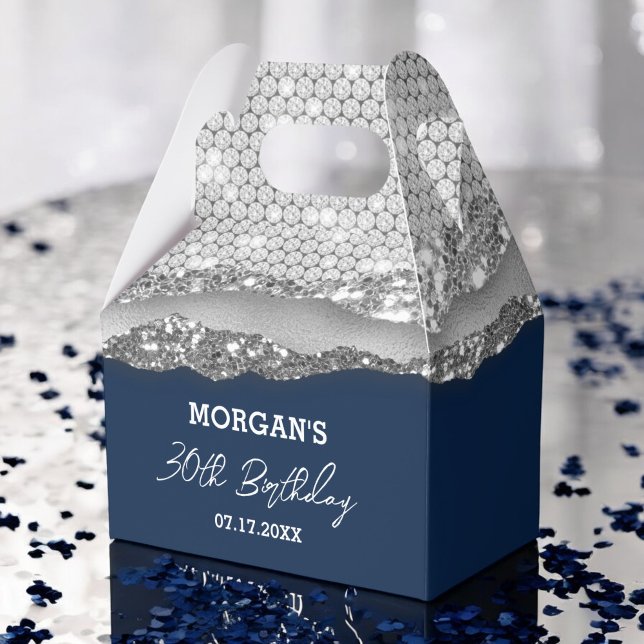 Birthday Silver Navy Blue Glitter Name Thank You Favor Box (Creator Uploaded)