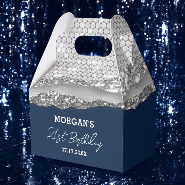Birthday Silver Navy Blue Glitter Name Thank You Favor Box (Creator Uploaded)
