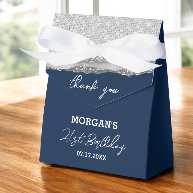 Birthday Silver Navy Blue Glitter Name Thank You Favor Box (Creator Uploaded)