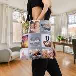 Birthday silver photo collage name tote bag<br><div class="desc">A unique gift for a woman's 60th (or any age) birthday, celebrating her life with a collage of 8 of your own photos, pictures. Personalize and add her name, age 60 and a date. A chic faux silver metallic looking background. Grey and white letters and numbers. The name is written...</div>