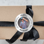Birthday silver photo man myth legend classic round sticker<br><div class="desc">A faux silver looking background.   Text: The Man,  The Myth,  The Legend. Personalize and add his name,  age and photo.</div>