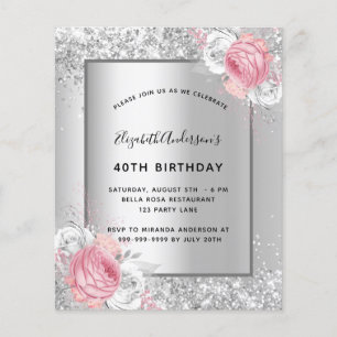 Birthday silver pink floral budget invitation